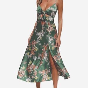 🩷FLORAL SATIN STRAP SUMMER MAXI DRESS CUTOUT SPLIT HEM TRENDING SIZE MEDIUM